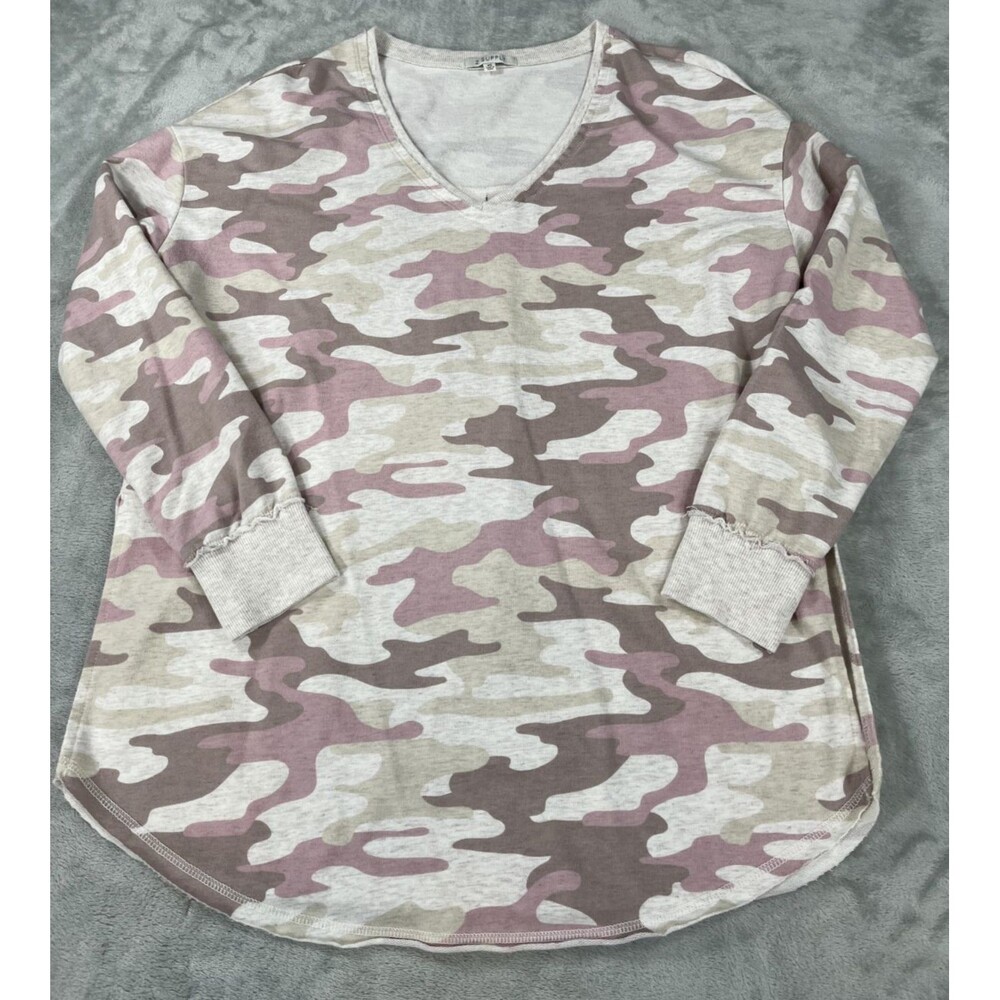Z Supply Weekender Dusty Camo V Neck Sweatshirt Womens XS Pink Beige Pullover